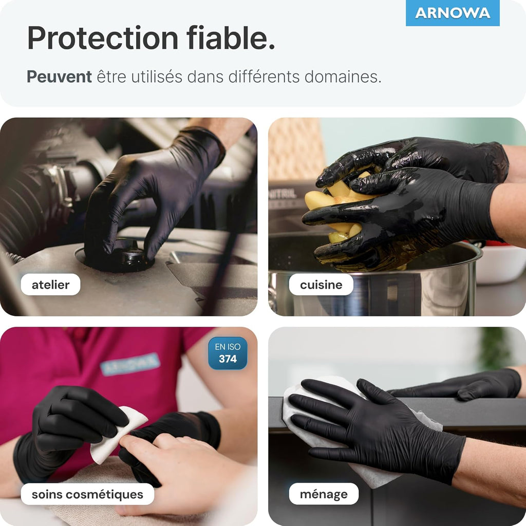 ARNOMED Gants Nitrile Noirs Jetables Robustes, Sans Latex Poudre, Multi-usages Sécurité Hygiène
