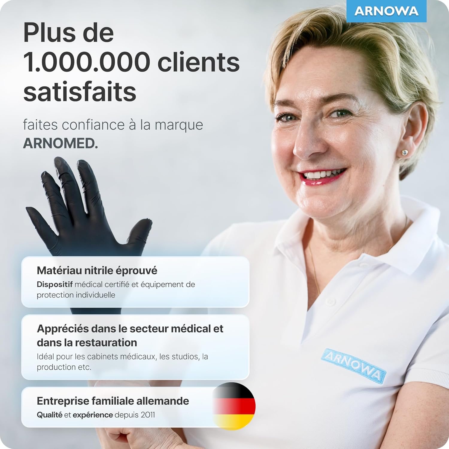 ARNOMED Gants Nitrile Noirs Jetables Robustes, Sans Latex Poudre, Multi-usages Sécurité Hygiène