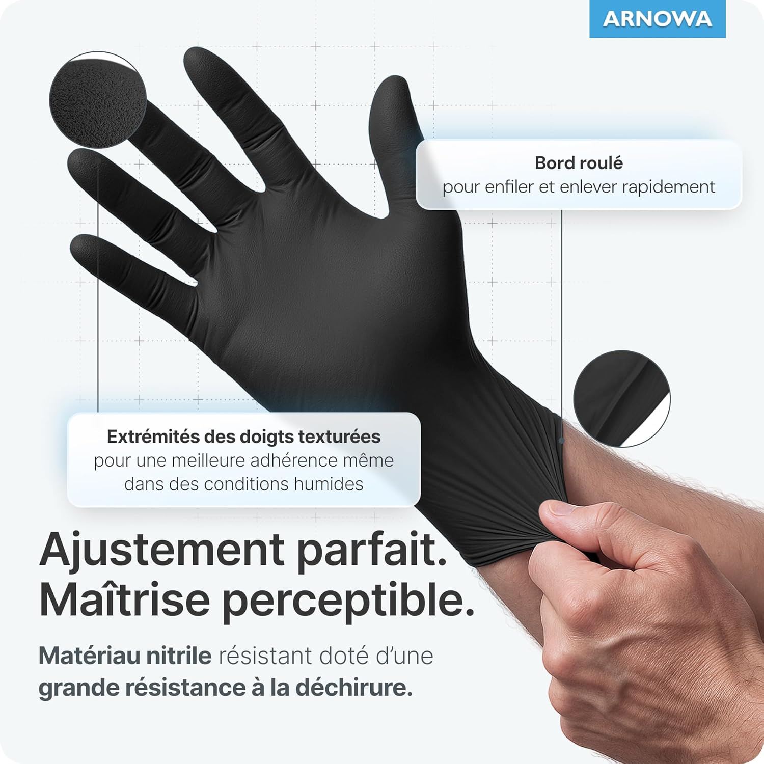 ARNOMED Gants Nitrile Noirs Jetables Robustes, Sans Latex Poudre, Multi-usages Sécurité Hygiène